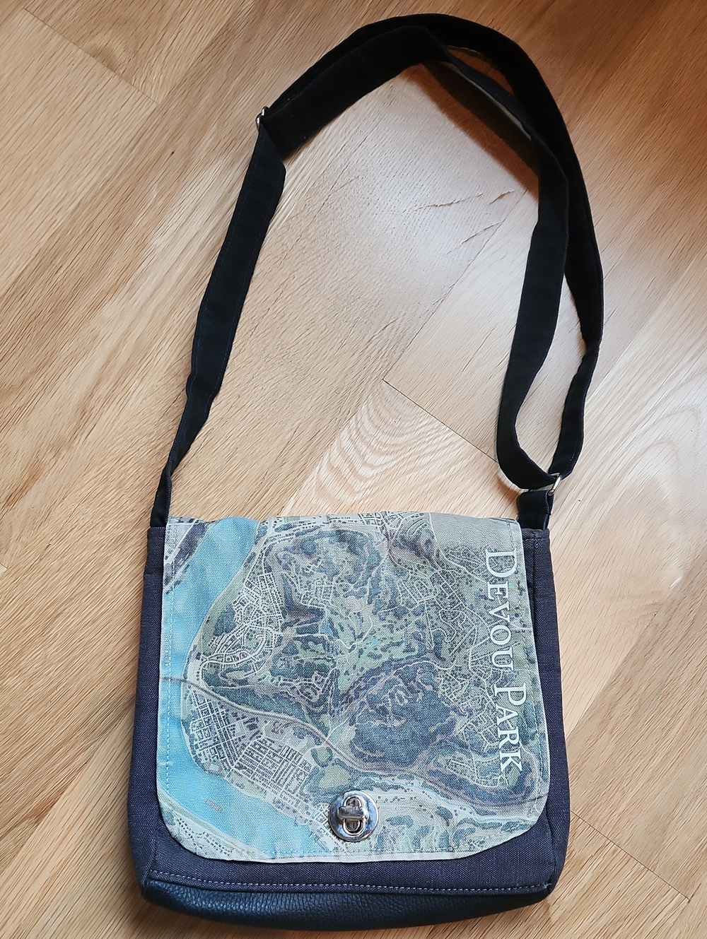 Bon Bon Devou Park Black and Teal Map-Print Crossbody Bag